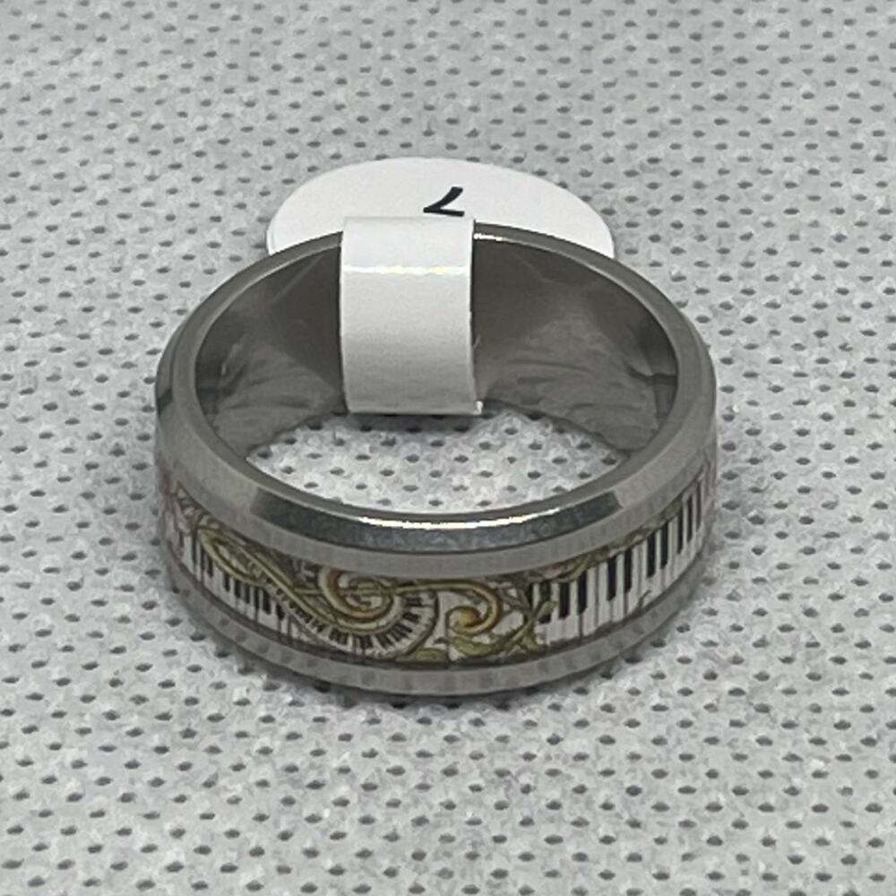 Music Lover Floral Keyboard Piano Treble Clef Stainless Steel Band Ring Size 7.5 - Picture 7 of 8